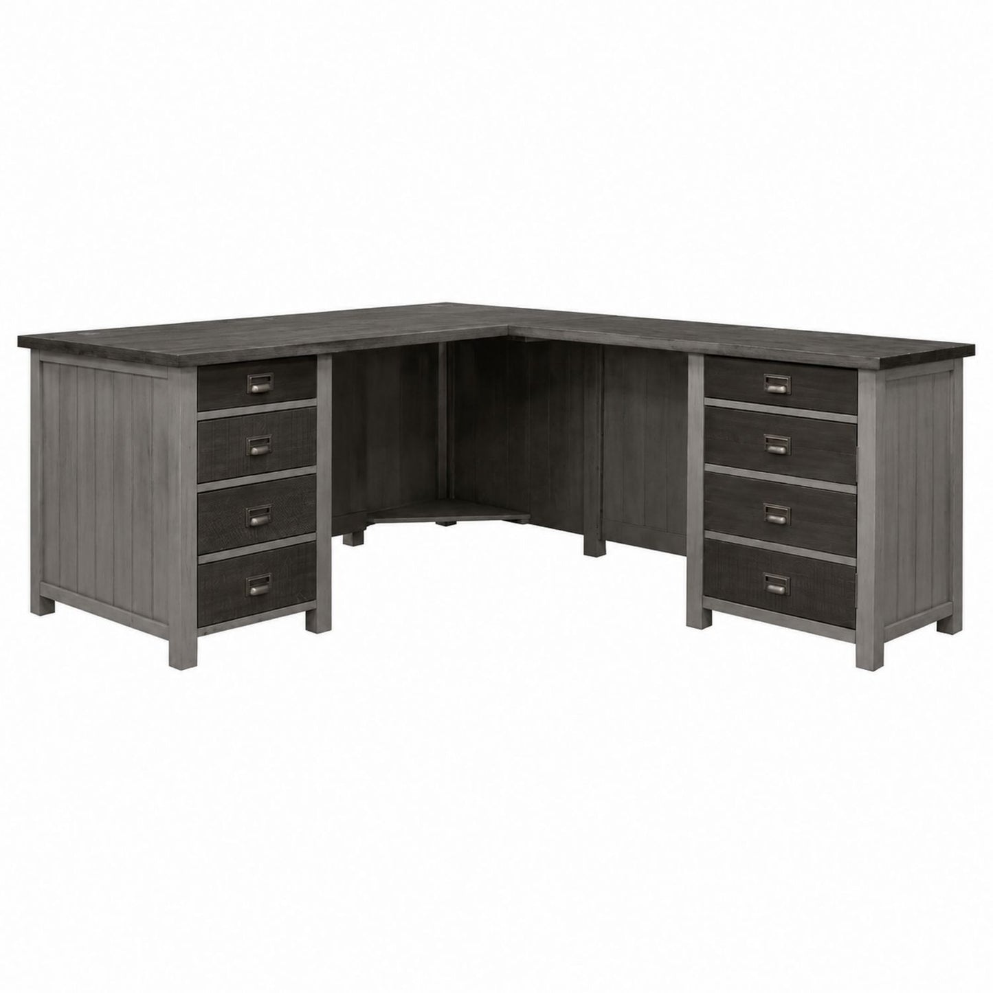 L-Shaped Solid Pine Wood Office Desk with Six Drawers in Gray