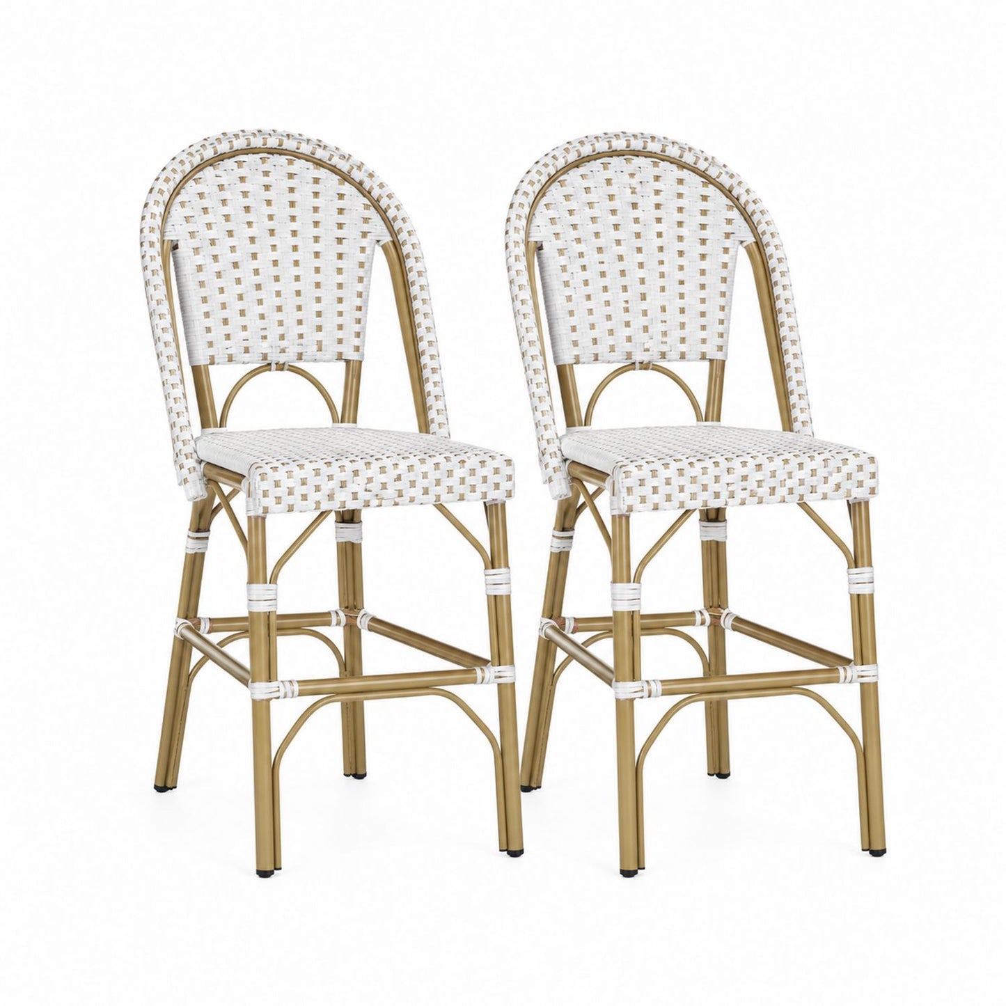 Wicker Bar Chairs Set of 2 with Aluminum Frame, White and Brown
