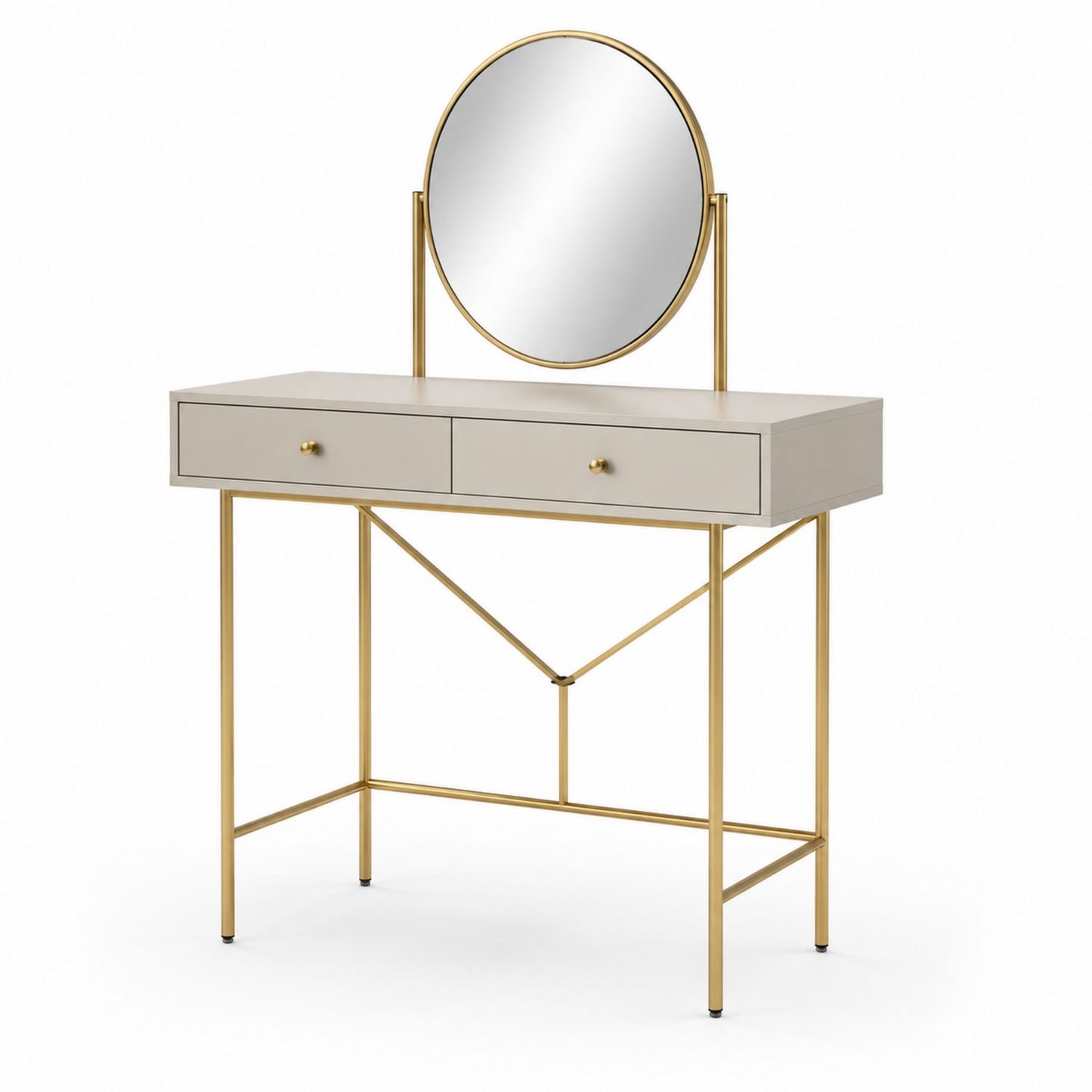 Coiffeuse en bois et métal avec miroir rond, deux tiroirs, beige doré