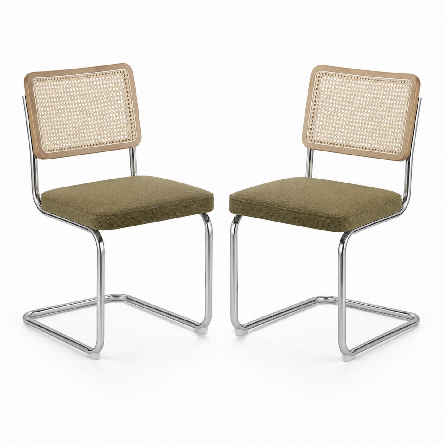 Lot de 2 chaises de salle à manger à structure chromée avec dossier en cannage et assise tapissée vert olive