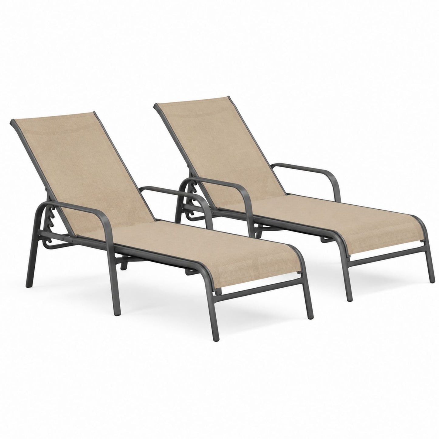 Outdoor Metal Reclining Chaise Lounge Set with Beige Fabric - 2 Pack