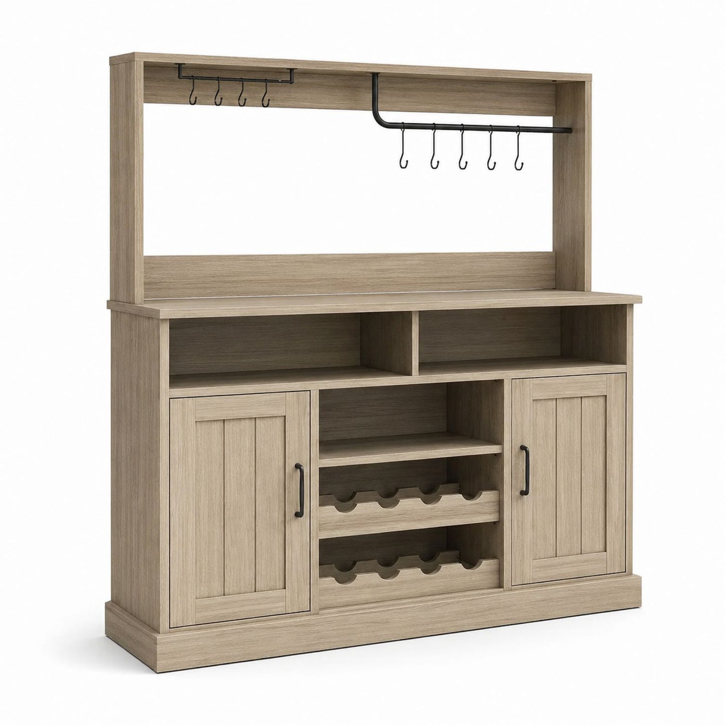 Wooden Buffet Sideboard with Metal Hooks and Wine Rack Light Oak 102cm x 40cm x 120cm