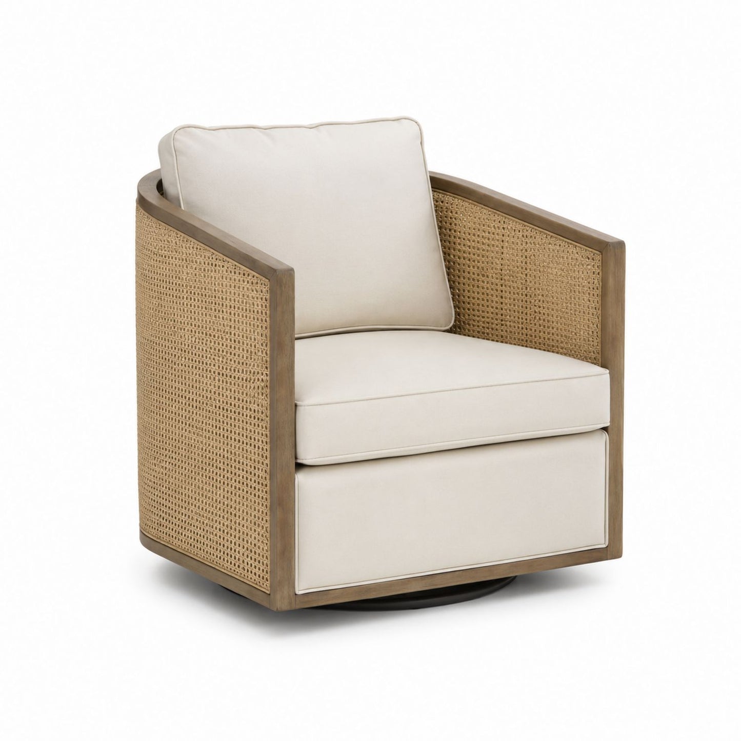 Chaise pivotante en bois et rotin avec coussin en polyester beige