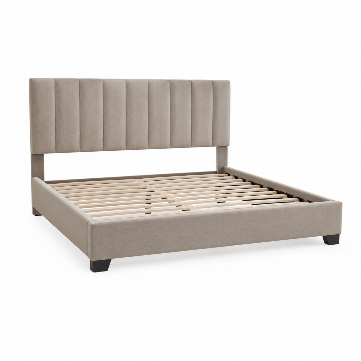 Lit Queen rembourré en velours beige avec tête de lit