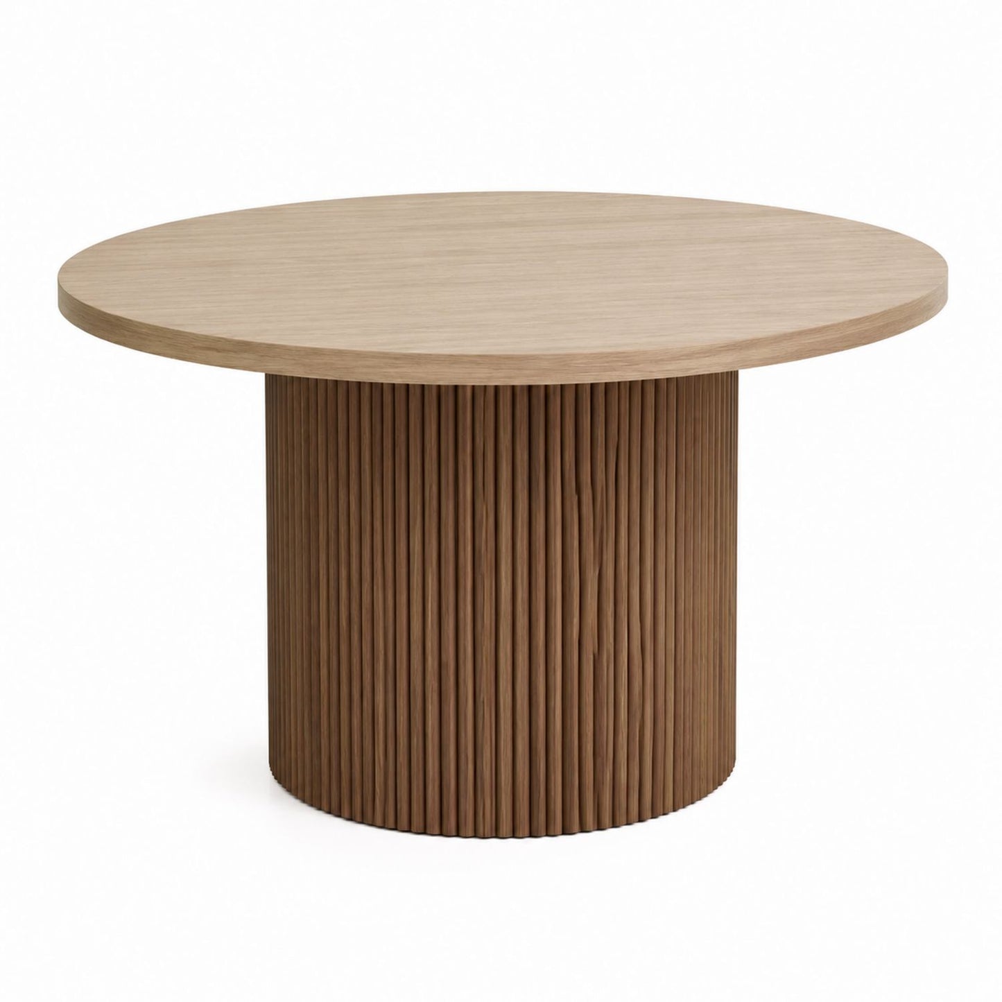 Table à manger ronde en placage de chêne avec piètement cannelé 120 cm