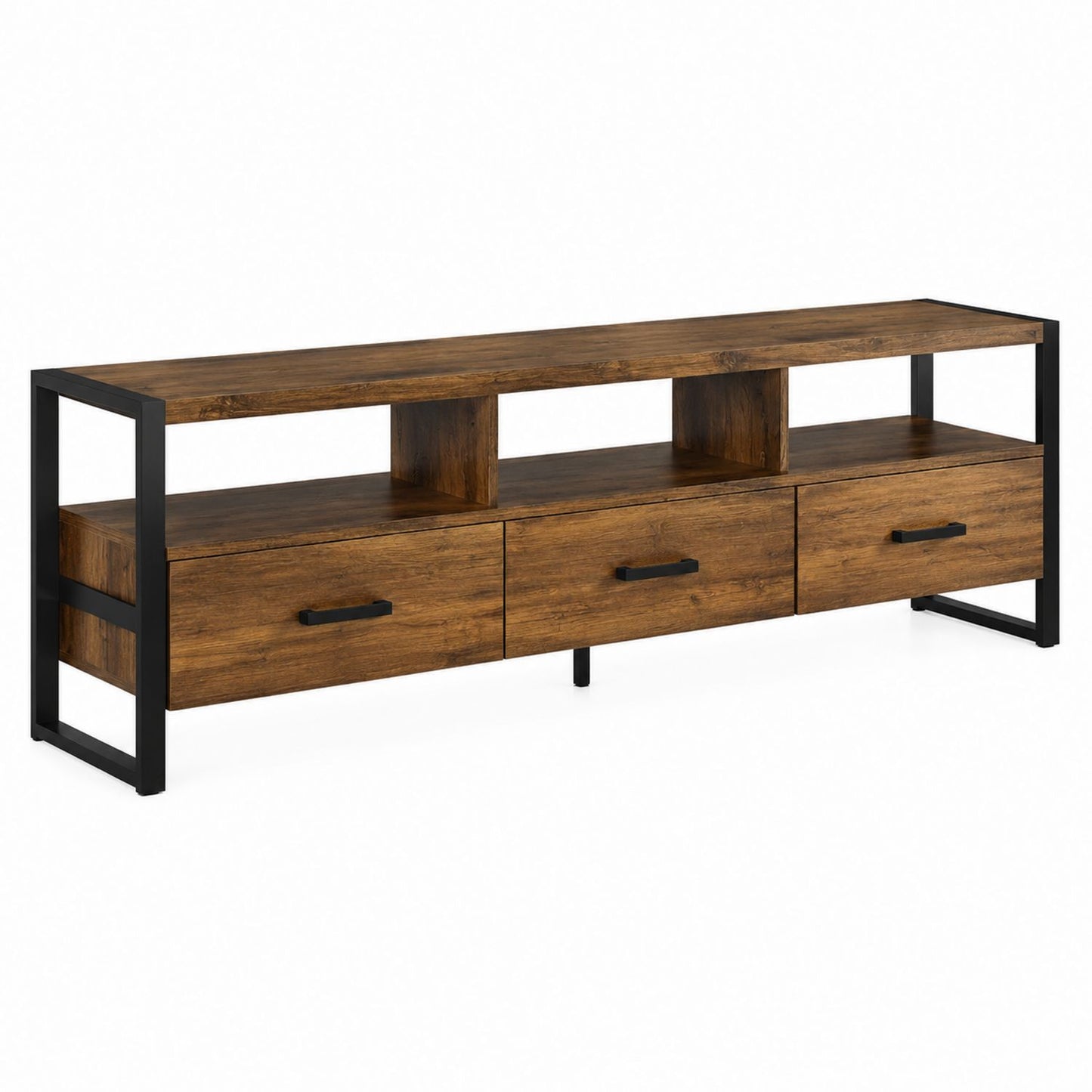 Wood TV Stand with Metal Frame Brown 3 Drawers 152cm