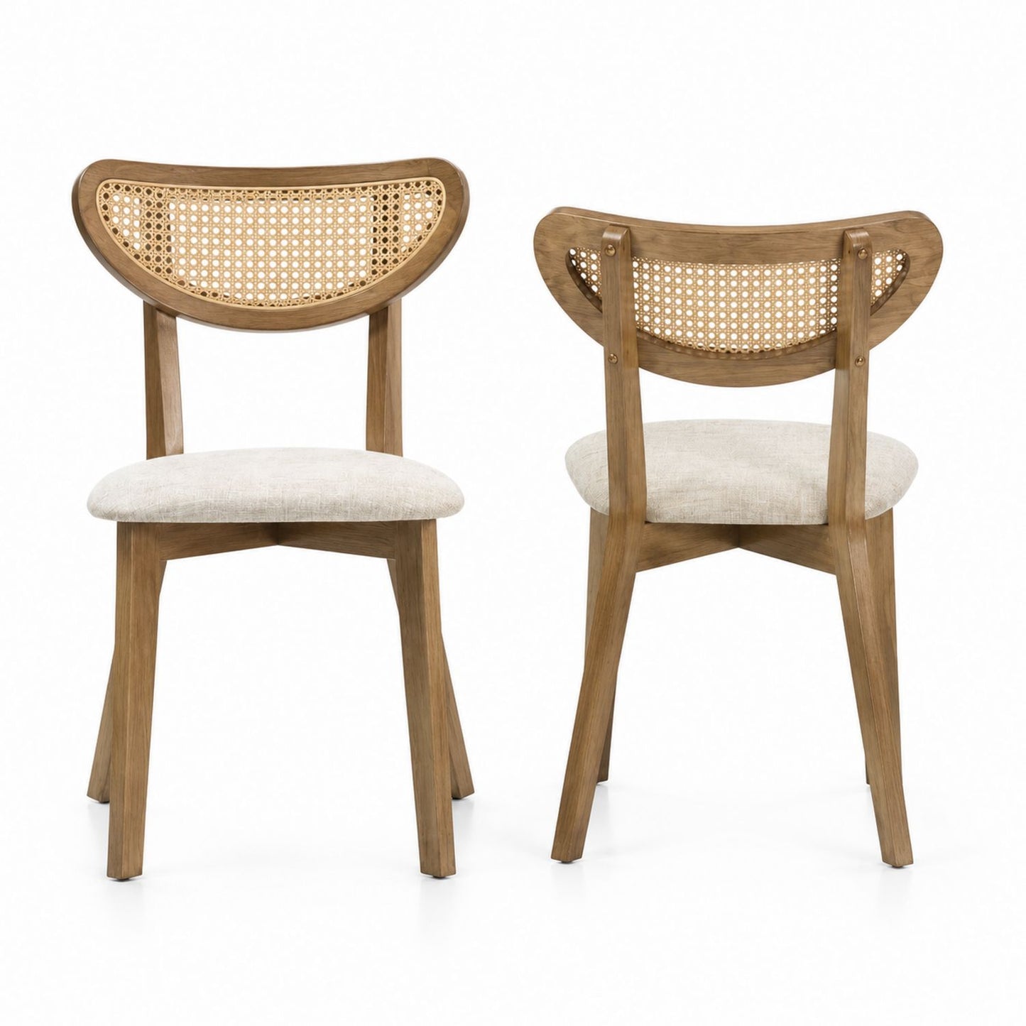 Lot de 2 chaises de salle à manger en bois avec dossier en rotin et assise en tissu de lin