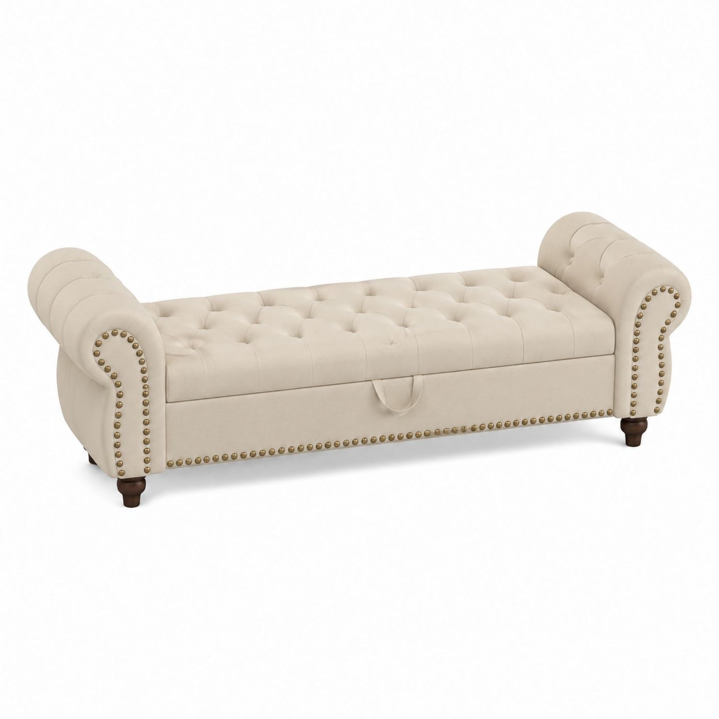 Banc de rangement capitonné en tissu d'aspect lin beige avec clous décoratifs et accoudoirs roulés 150 cm