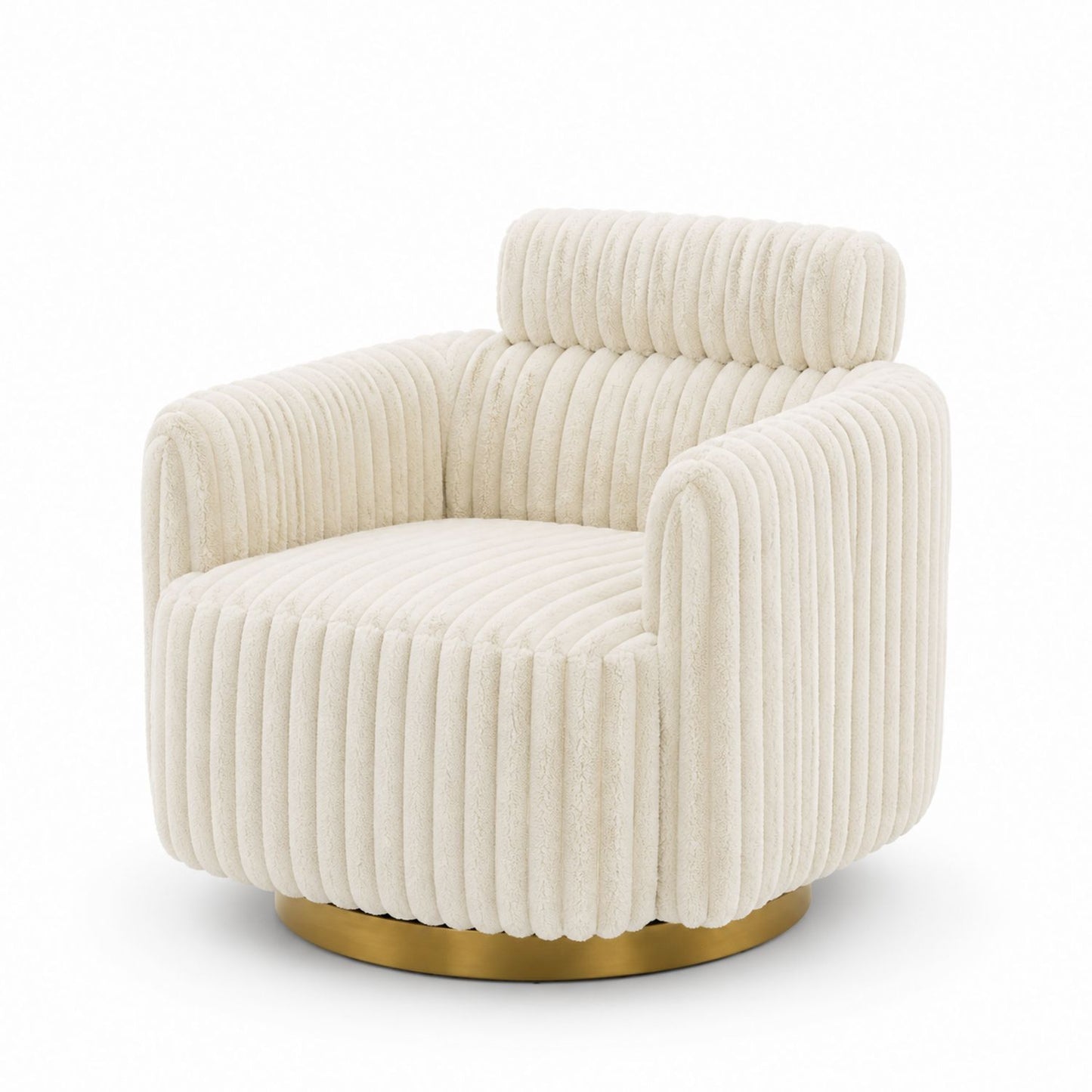 Beige Chenille Swivel Armchair with Brass Base