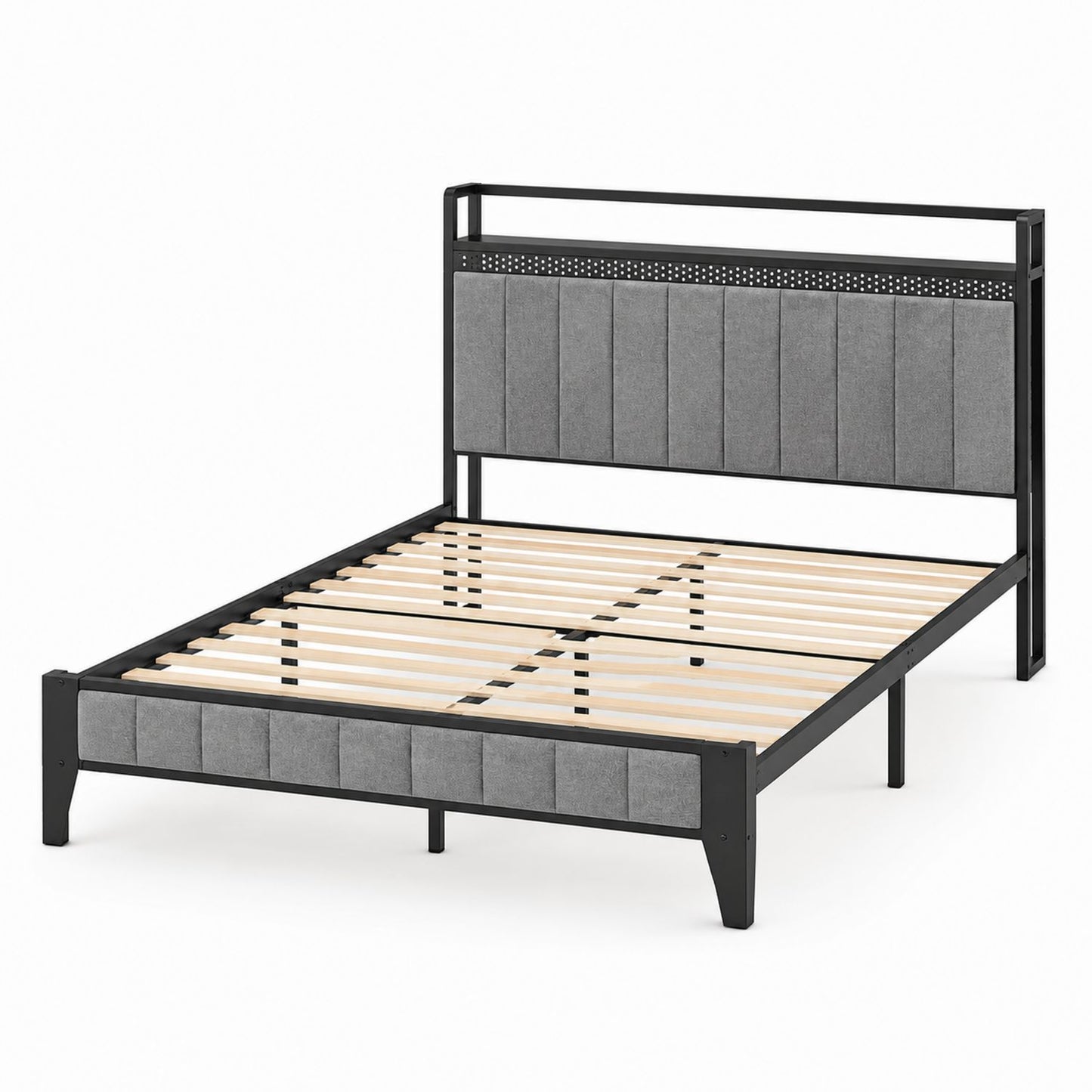 Queen Size Metal Bed Frame with Fabric Headboard and Wooden Slats