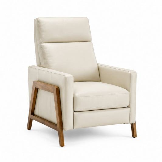 Fauteuil inclinable en cuir PU beige avec cadre en bois profondeur 90 cm