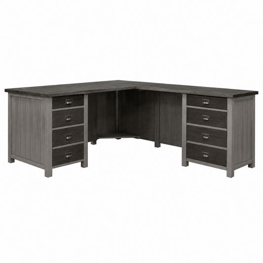 L-Shaped Solid Pine Wood Office Desk with Six Drawers in Gray