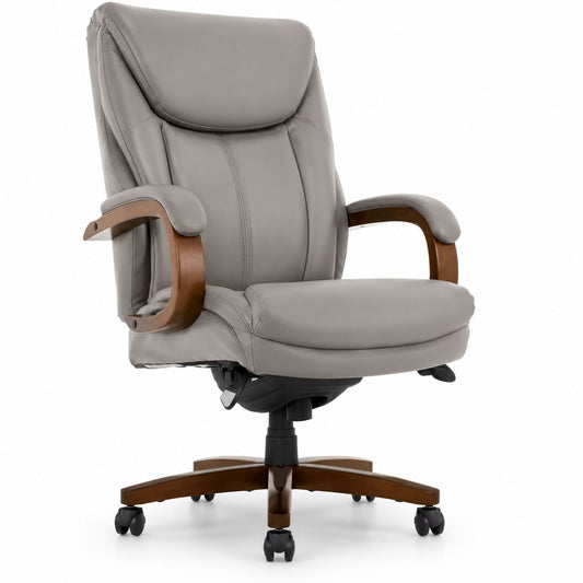 Chaise de bureau en cuir gris avec accoudoirs et piètement en bois