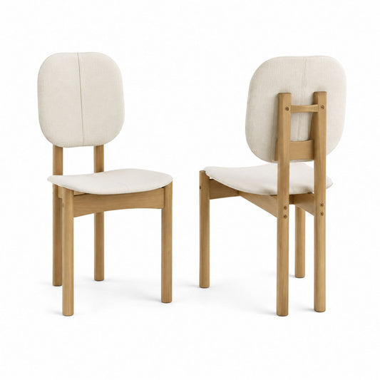 Set of 2 Upholstered Dining Chairs with Oak Wood Legs Beige