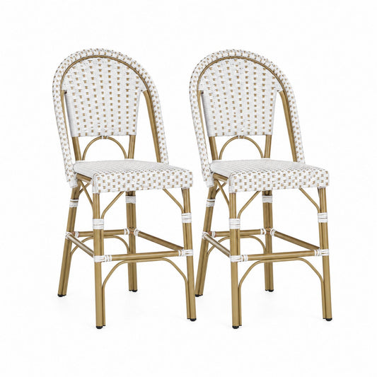 Lot de 2 chaises de bar en osier avec structure en aluminium, blanc et marron