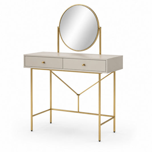 Wood and Metal Vanity Table with Round Mirror, Two Drawers, Beige Gold