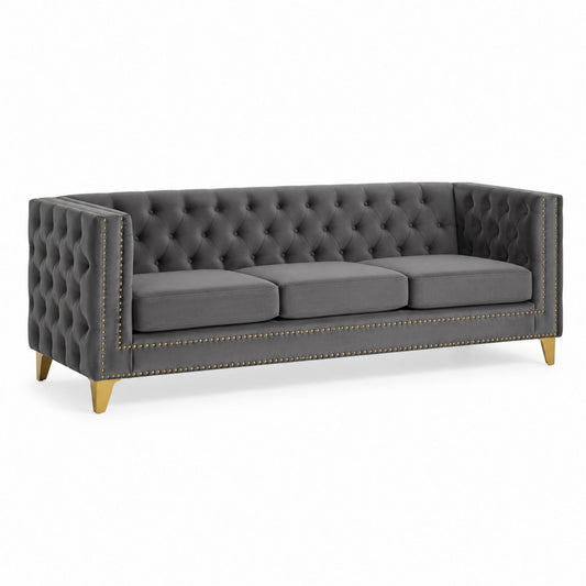 Grey Velvet Tufted Sofa with Gold Metal Legs