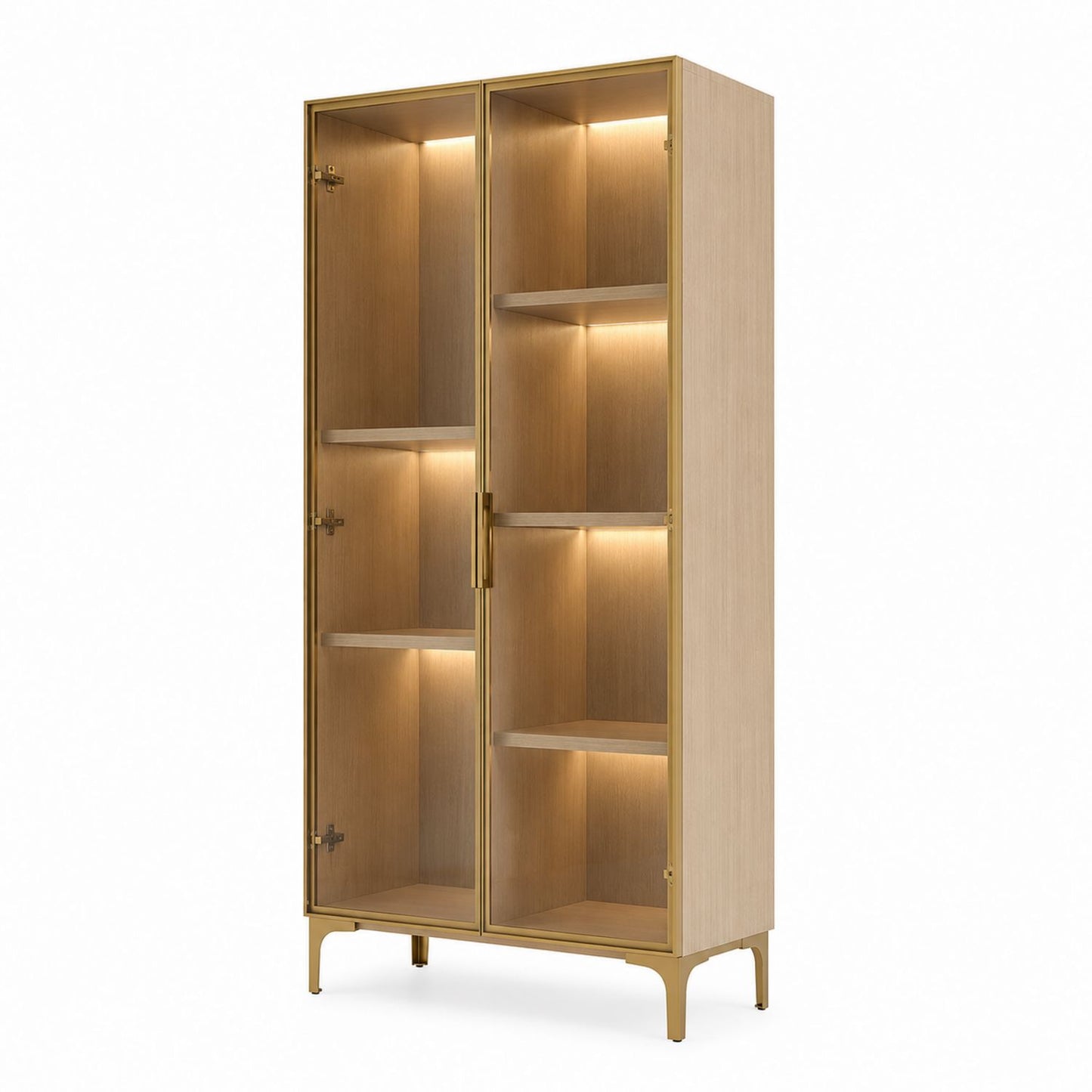 Vitrine en verre et bois avec éclairage LED Cadre doré 200x90x40 cm