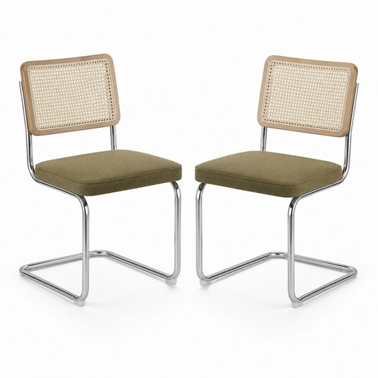 Set of 2 Chrome Frame Dining Chairs with Cane Backrest and Olive Green Upholstered Seat