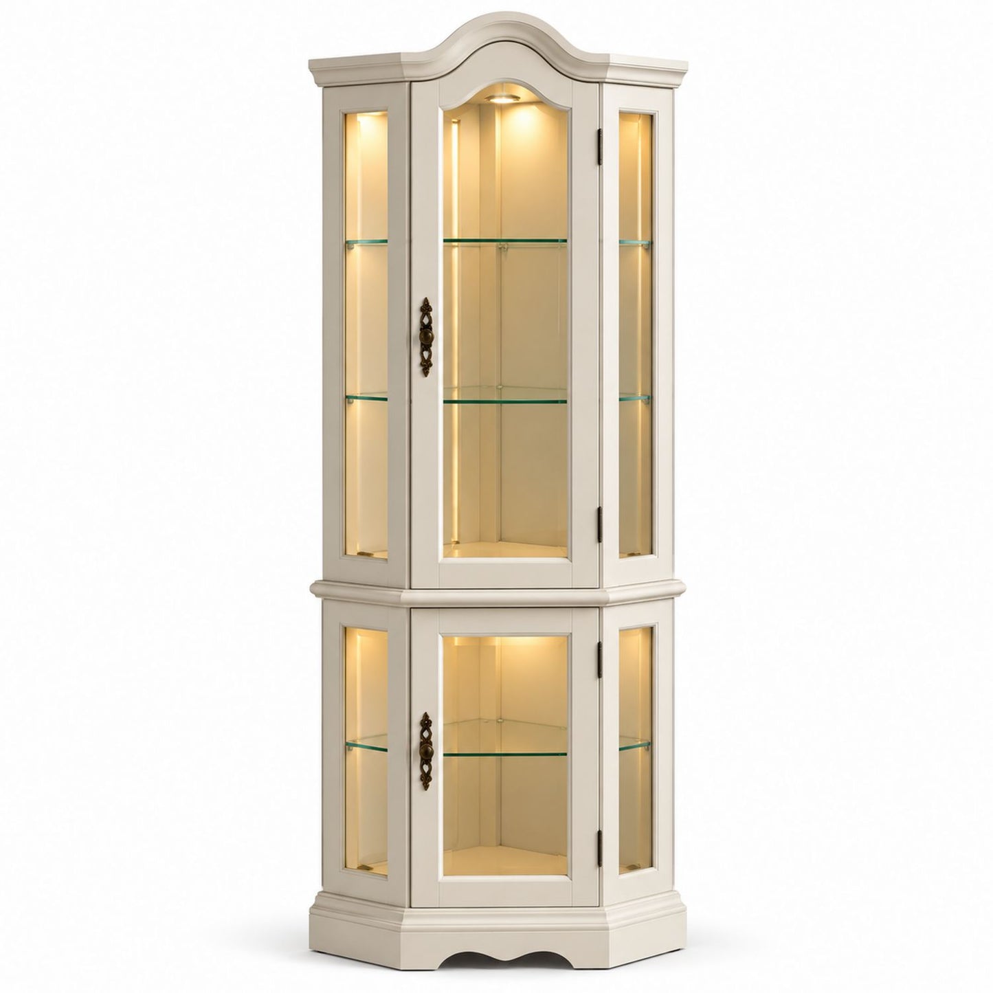 Meuble d'angle en bois avec étagères en verre trempé et lumières LED, crème, 180 cm