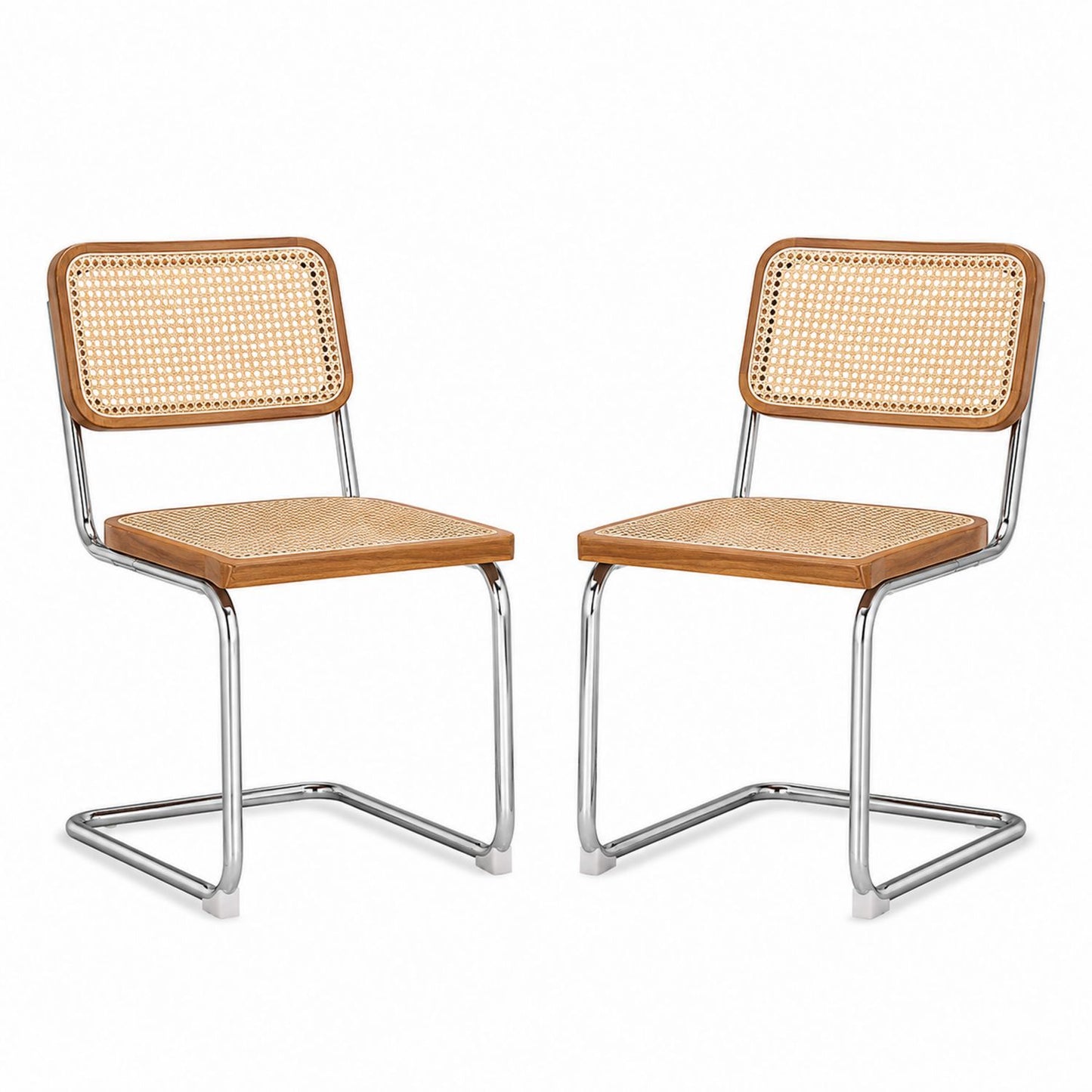 Set of 2 Chrome Frame Dining Chairs with Rattan Seat and Backrest