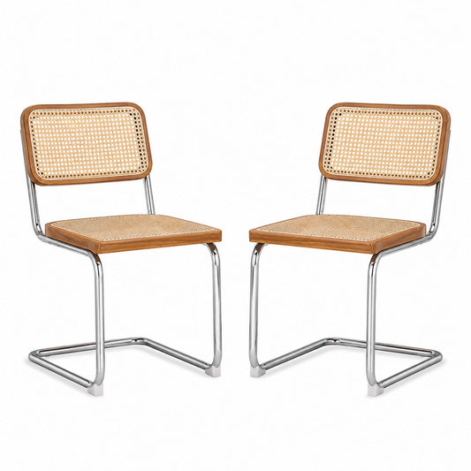 Set of 2 Chrome Frame Dining Chairs with Rattan Seat and Backrest