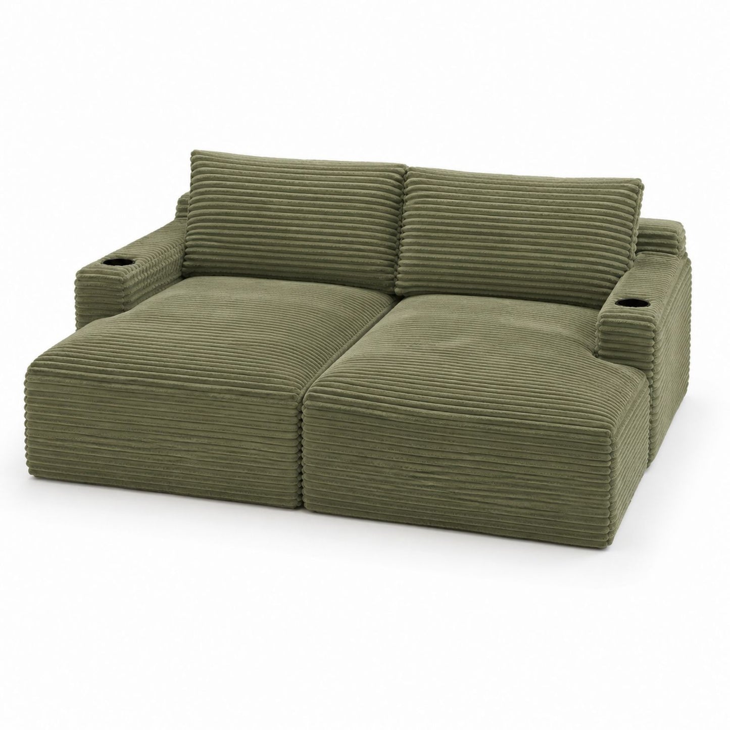 Corduroy Fabric 2-Seater Sofa with Cup Holders Green