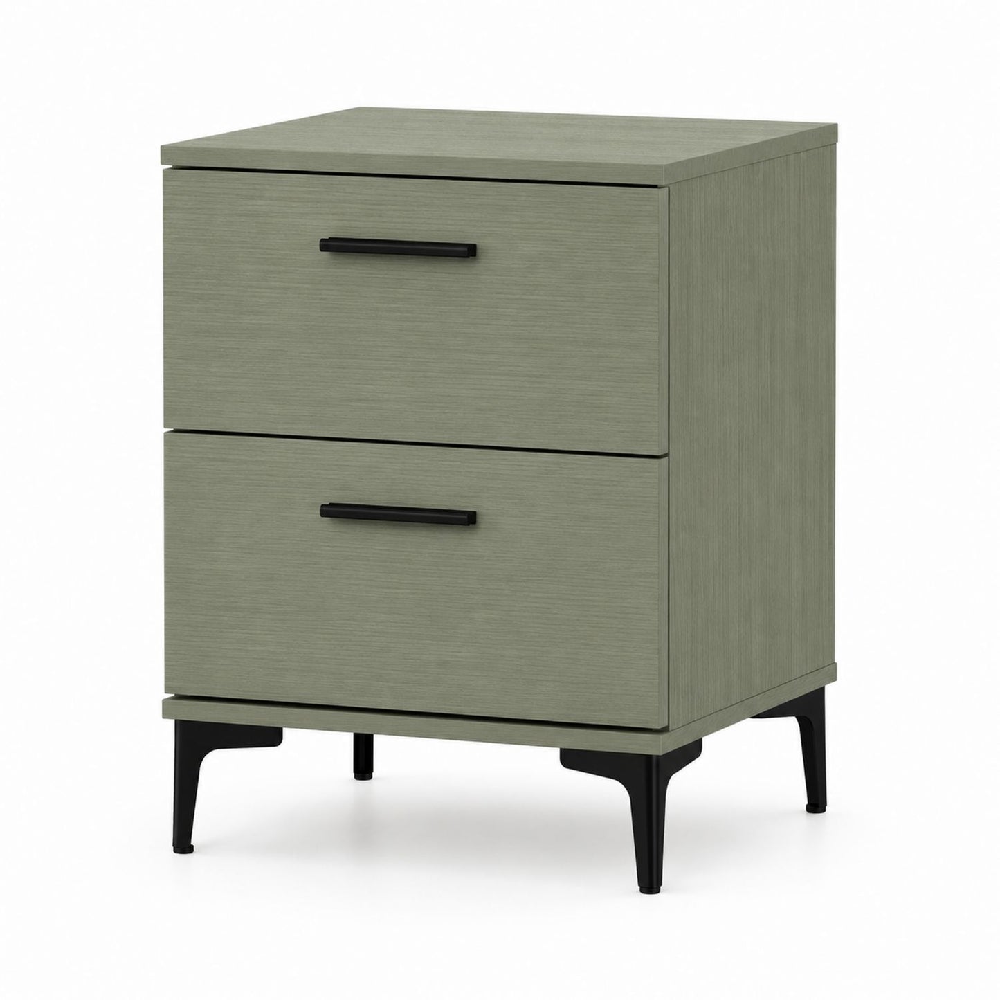 Table de chevet à deux tiroirs en bois composite avec pieds en métal vert sauge
