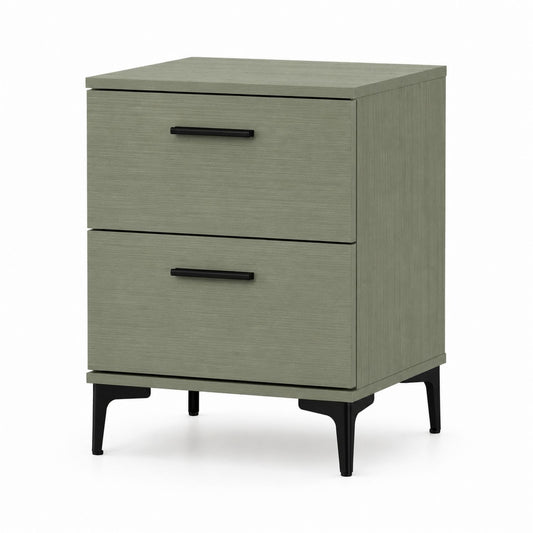 Table de chevet à deux tiroirs en bois composite avec pieds en métal vert sauge