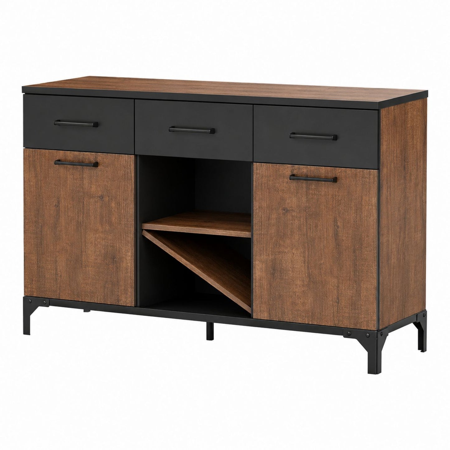 Buffet Bahut en Bois et Métal avec 3 Tiroirs et Meubles de Rangement Marron Noir 152cm