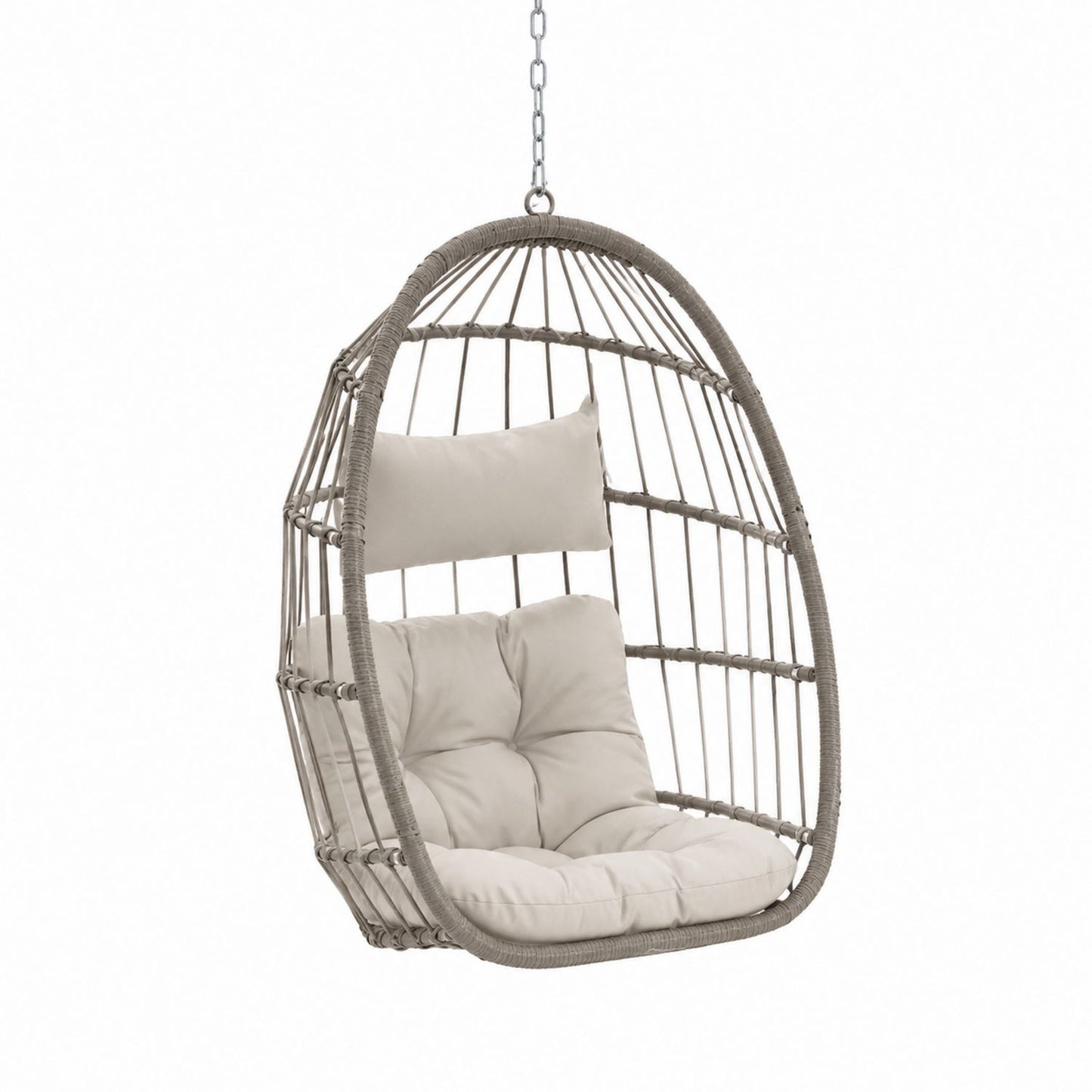 Hanging Egg Chair PE Rattan Beige Polyester Cushion Steel Frame
