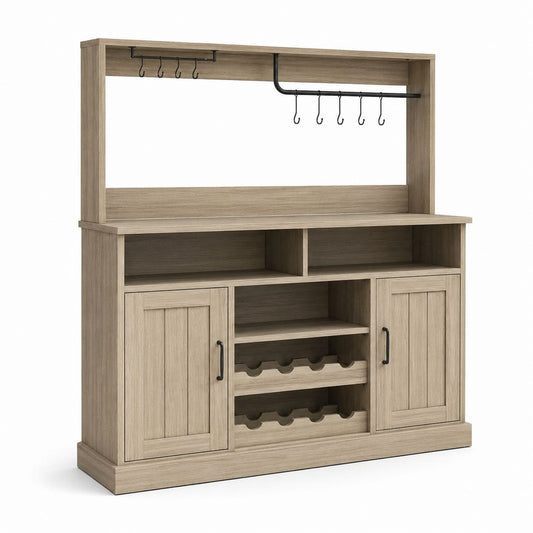 Wooden Buffet Sideboard with Metal Hooks and Wine Rack Light Oak 102cm x 40cm x 120cm