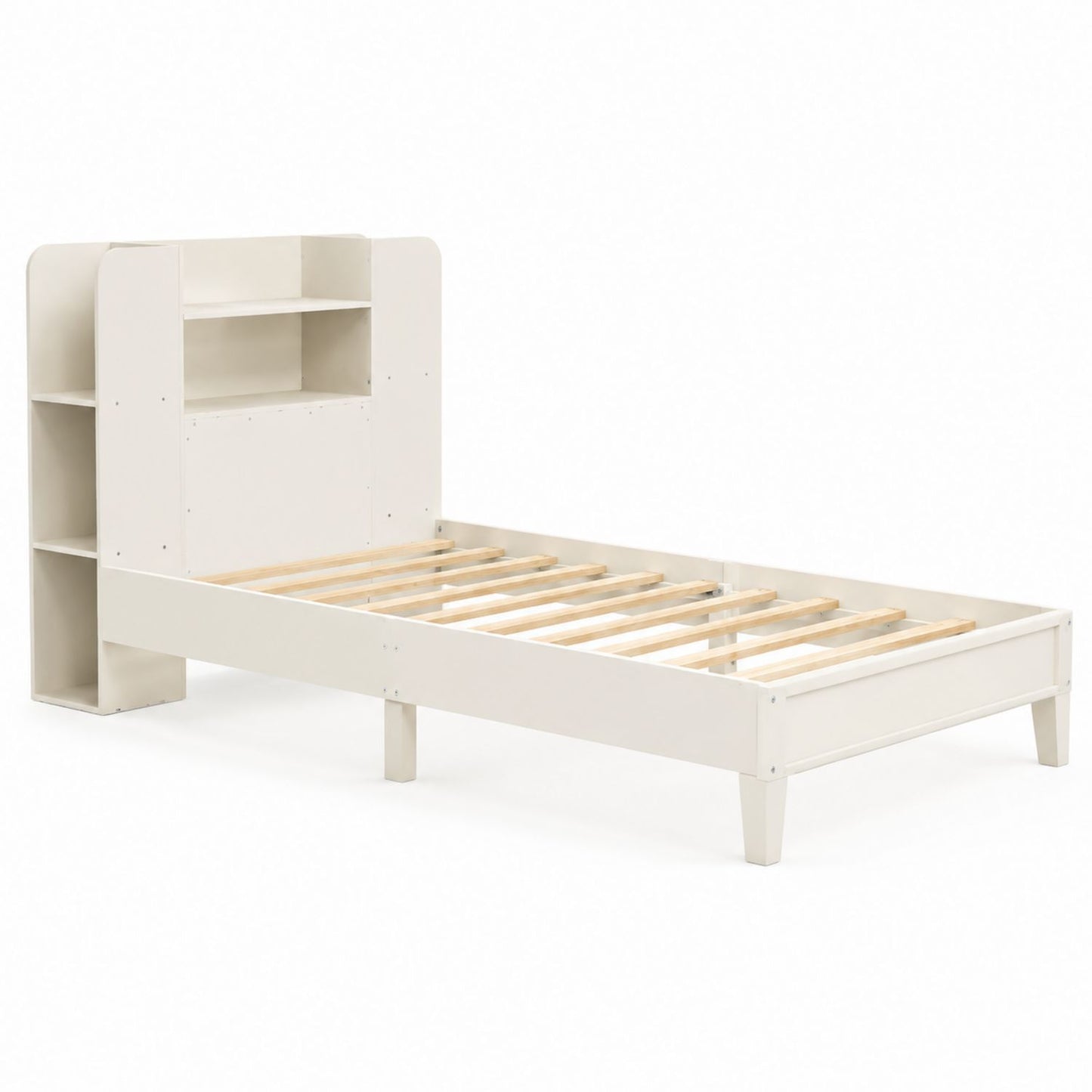 Lit plateforme double en bois avec tête de lit de rangement blanc