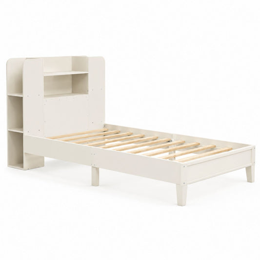 Twin Size Wood Platform Bed with Storage Headboard White