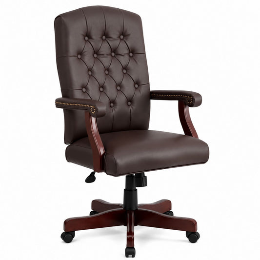 Brown PU Leather Office Chair with High Back and Wood Base