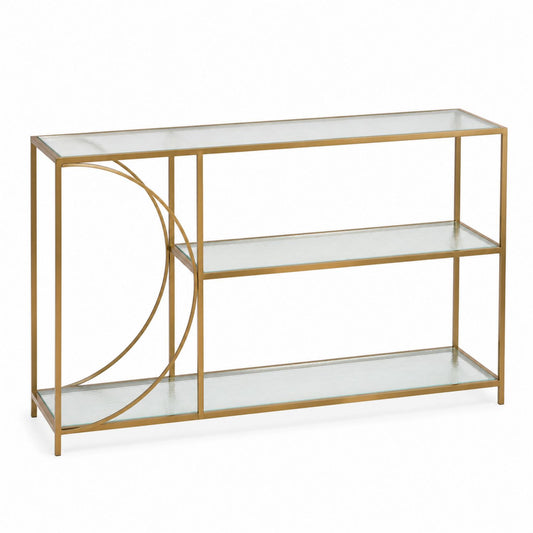 Metal and Glass Console Table with Gold Finish and Shelves