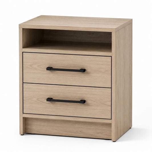Table de chevet en bois manufacturé avec 2 tiroirs et étagère ouverte beige