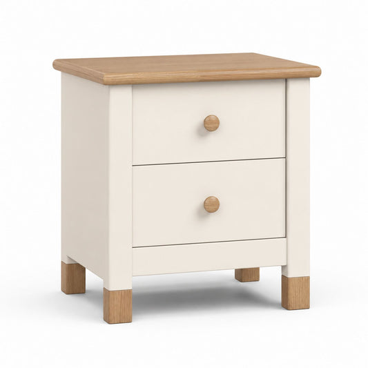 Table de chevet en bois avec plateau en chêne et finition blanche à 2 tiroirs