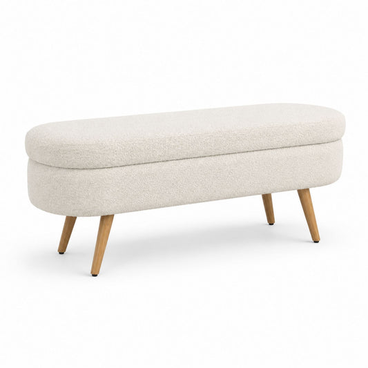 Banc ovale en tissu bouclé avec pieds en bois 120 cm
