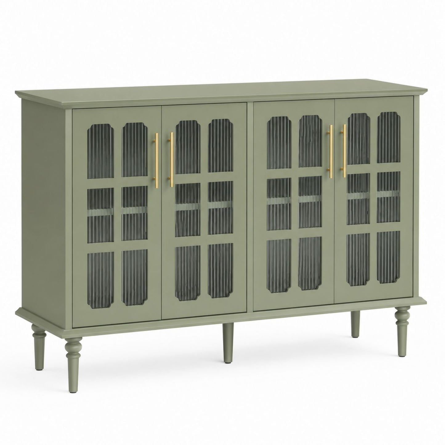 Buffet bas en bois vert olive avec portes en verre nervuré 150 cm