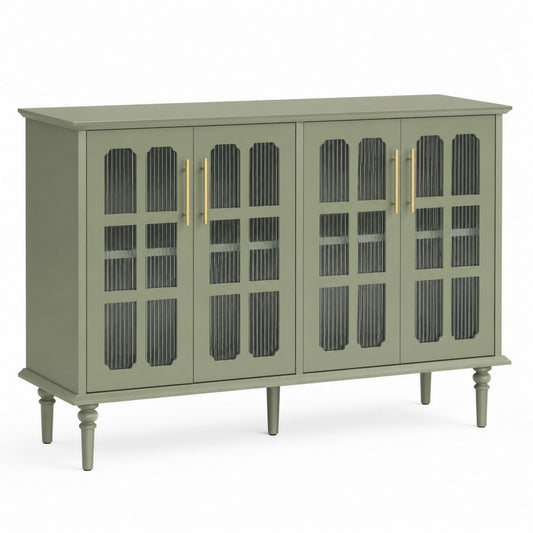 Olive Green Wood Sideboard with Ribbed Glass Doors 150cm