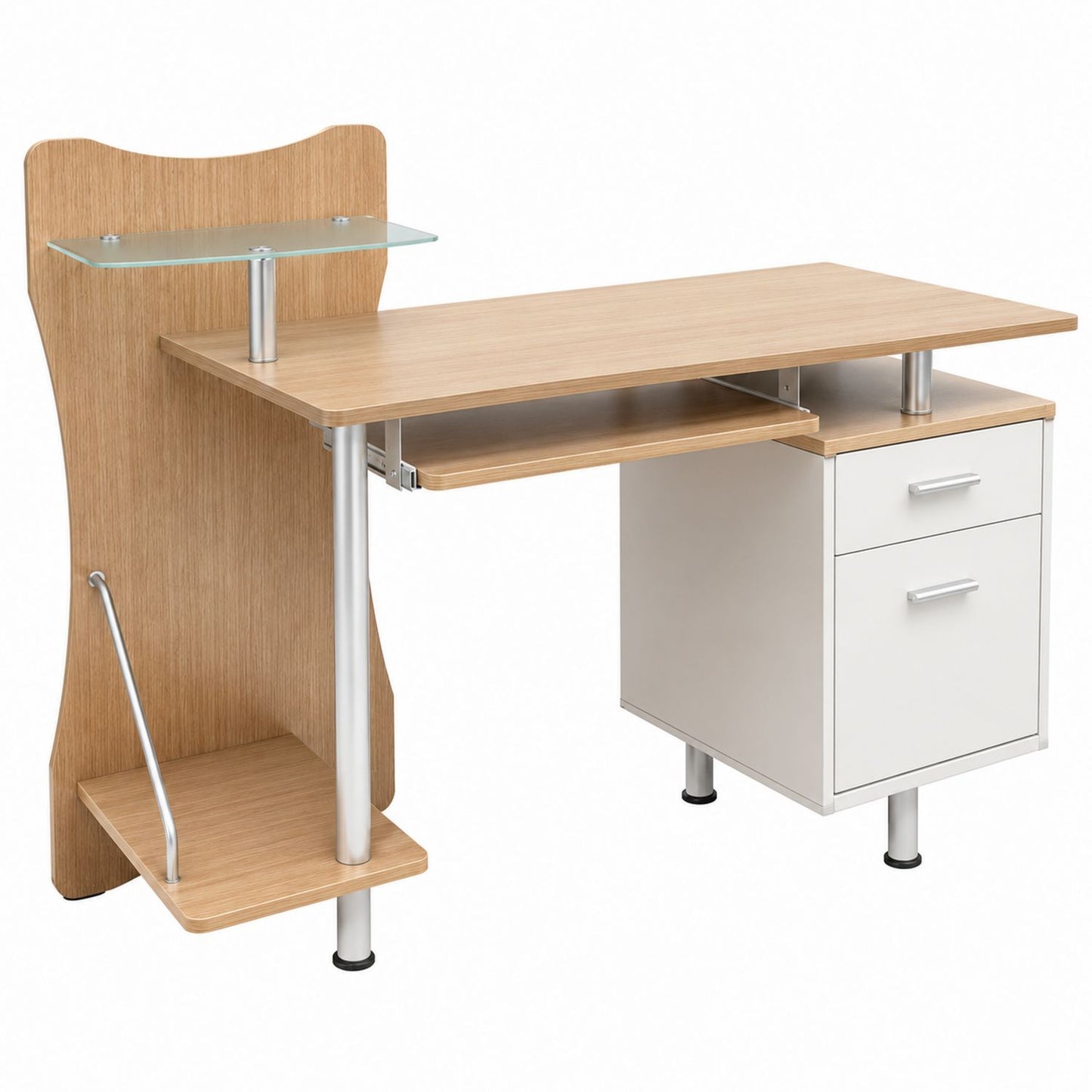 Bureau en bois et métal avec étagère en verre et tiroirs