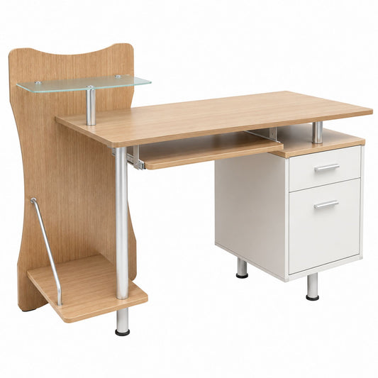 Wood and Metal Office Desk with Glass Shelf and Drawers