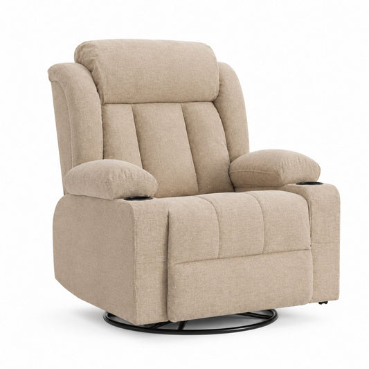 Beige Fabric Recliner Chair with Swivel and Cup Holders
