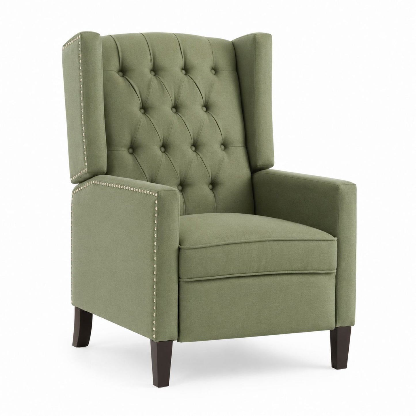 Fauteuil à oreilles en polyester vert avec clous décoratifs