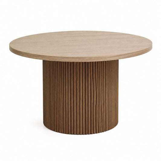 Round Oak Veneer Dining Table with Fluted Base 120cm