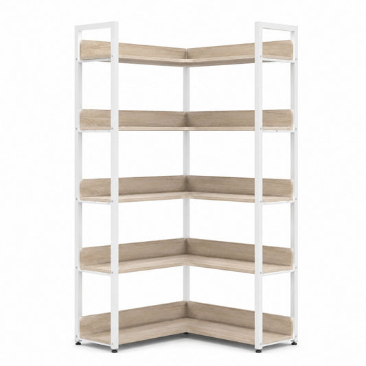 Corner Bookshelf Metal Frame Oak Shelves 5-Tier White