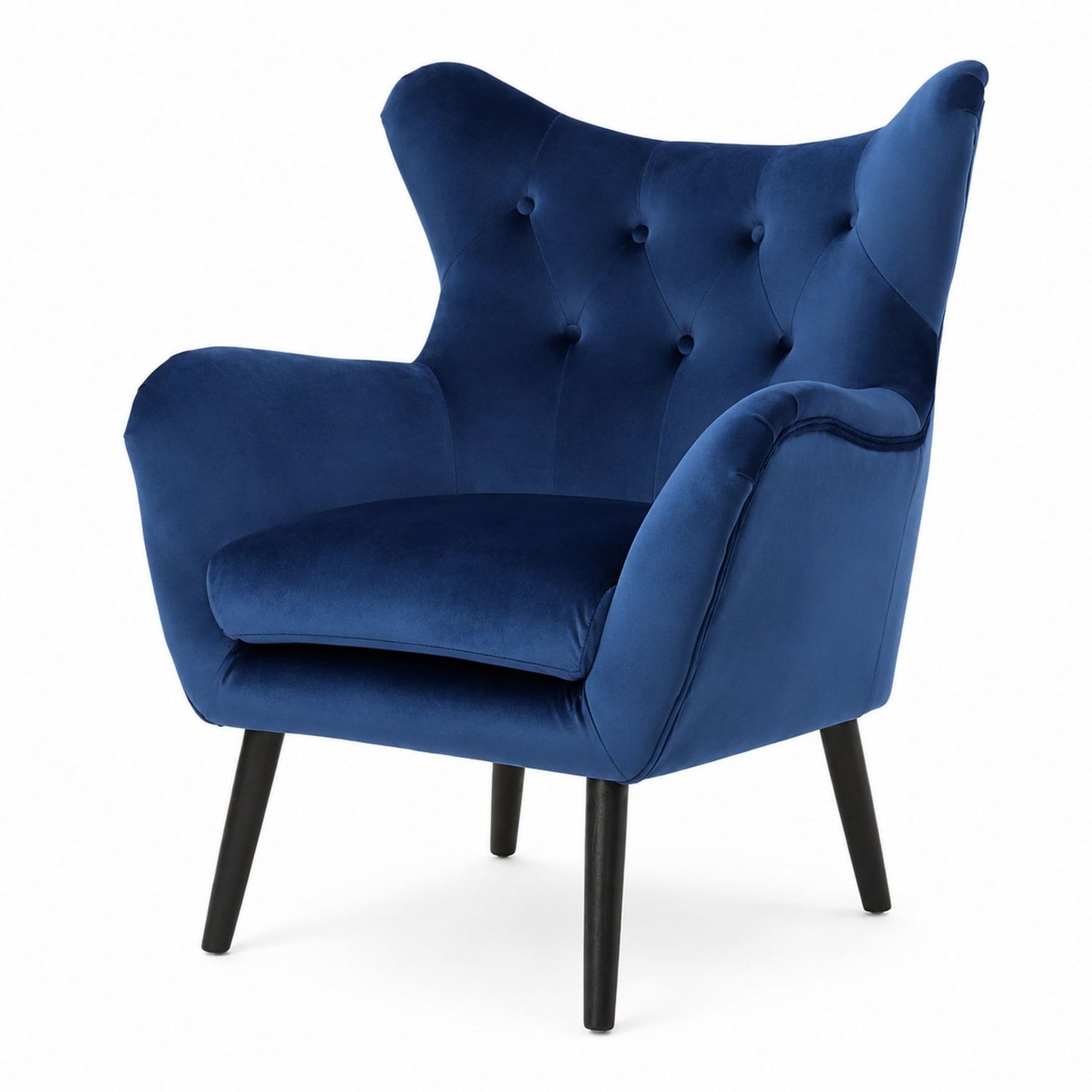 Blue Velvet Armchair with Tufted High Back and Wooden Legs