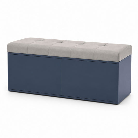 Wooden Storage Bench with Polyester Fabric Cushion Gray Blue