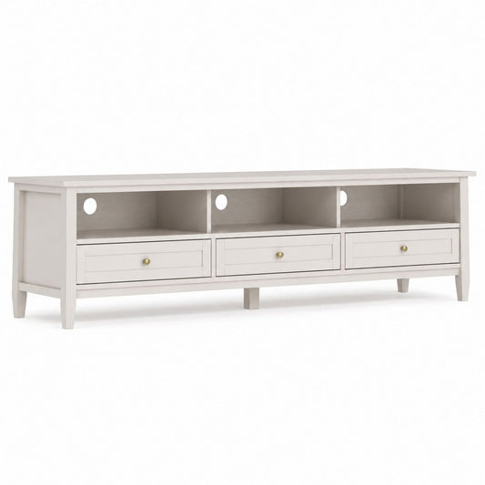 Meuble TV en bois avec 3 tiroirs et étagères ouvertes, 180 cm, blanc